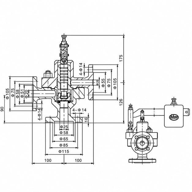 GA49H-4.0 DN25 impulse safety valve sectional and connection dimension drawing