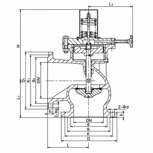 A49H-40 main safety valve sectional and connection dimension drawing